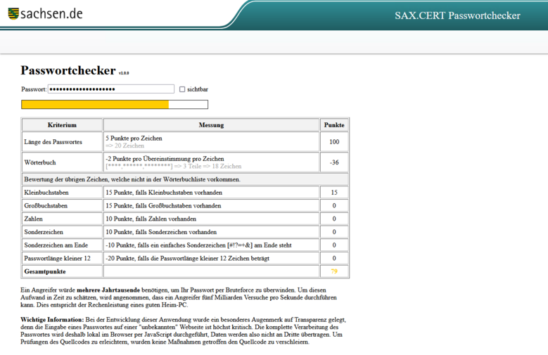 Der Passwortchecker enthält ein Feld zur Eingabe des Passworts und einen Text zur Stärke des Passworts.